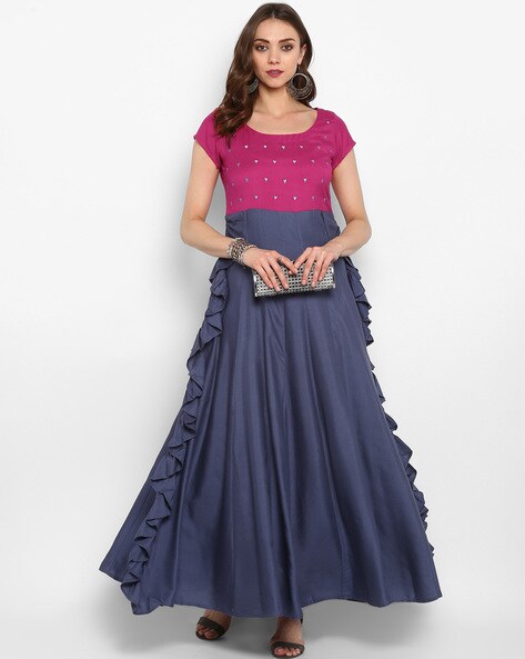 Embroidered Gown with Ruffles