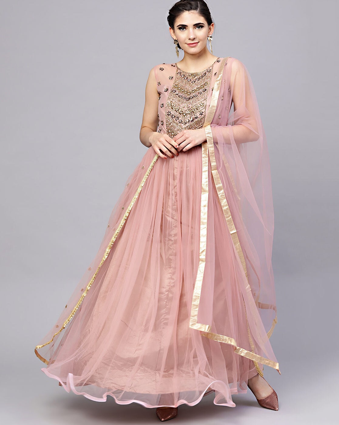 Rose gold train gown with drill dupatta – Ricco India