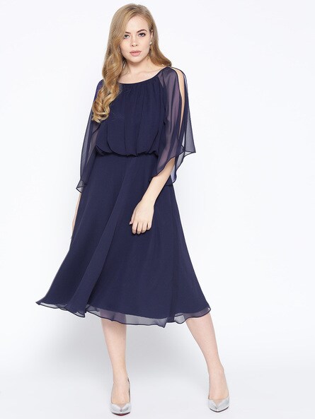Round-Neck Fit and Flare Dress Flared Hem