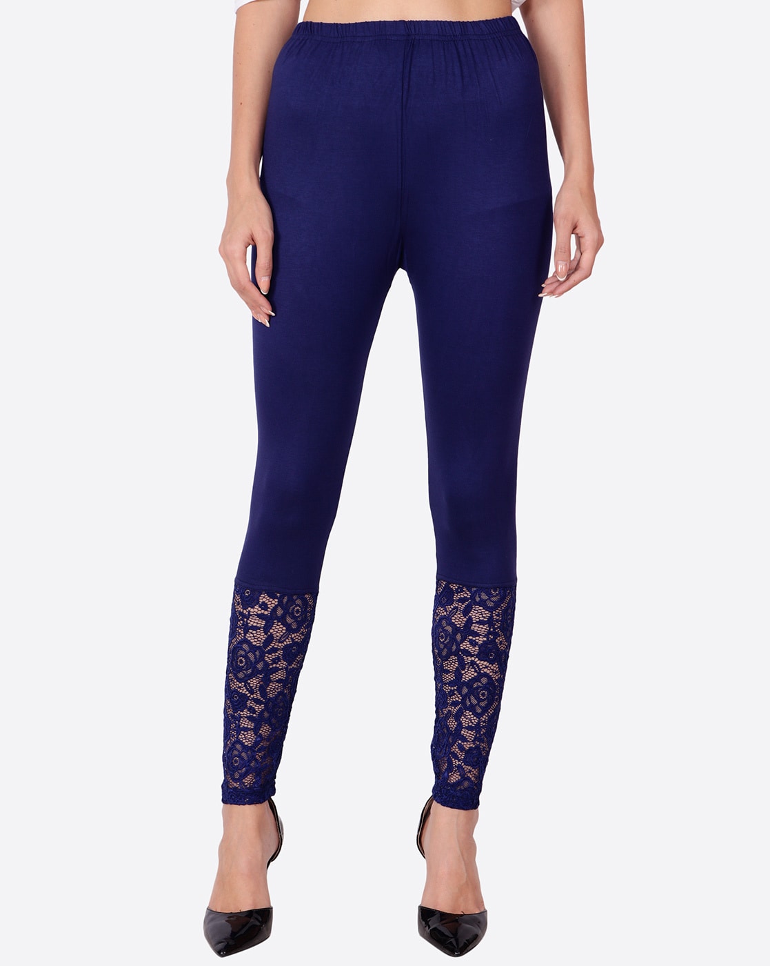 Buy online Navy Blue Color, Viscose Legging With Lace from Capris