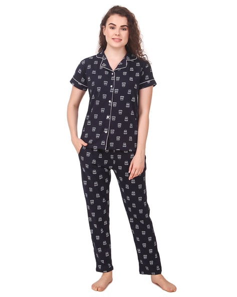 Masha Navy Tropical Print Woven Top & Pyjamas Set