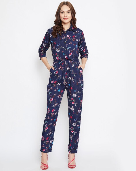 blue jumpsuit with flowers