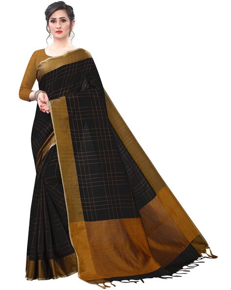 ALYAKA Black Checked Woven Cotton Silk Saree with Blouse Material