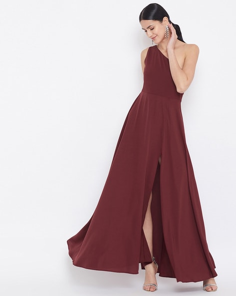 one shoulder maroon dress