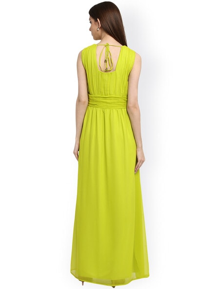 Parrot Green Self-Design Aura Zari Weave Gown Dress