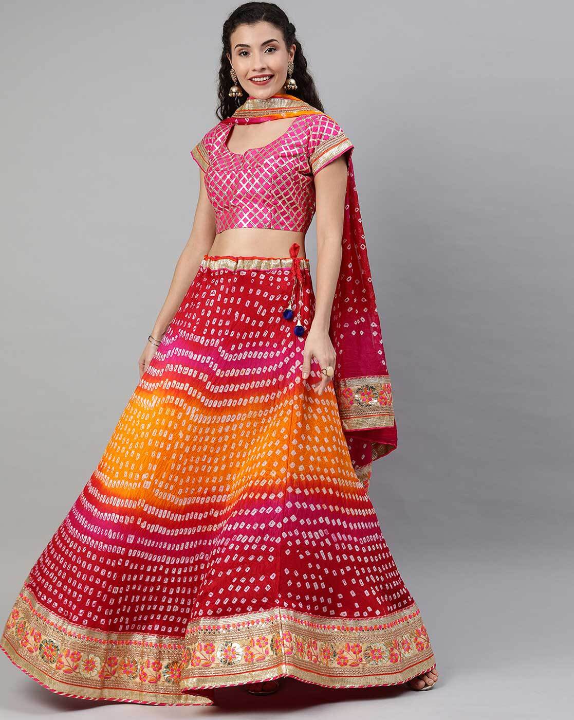 Tie Dye Jaipuri Lehenga Women's Shaded Chinon Skirt Bandhani Dupatta Set -  Vasangini