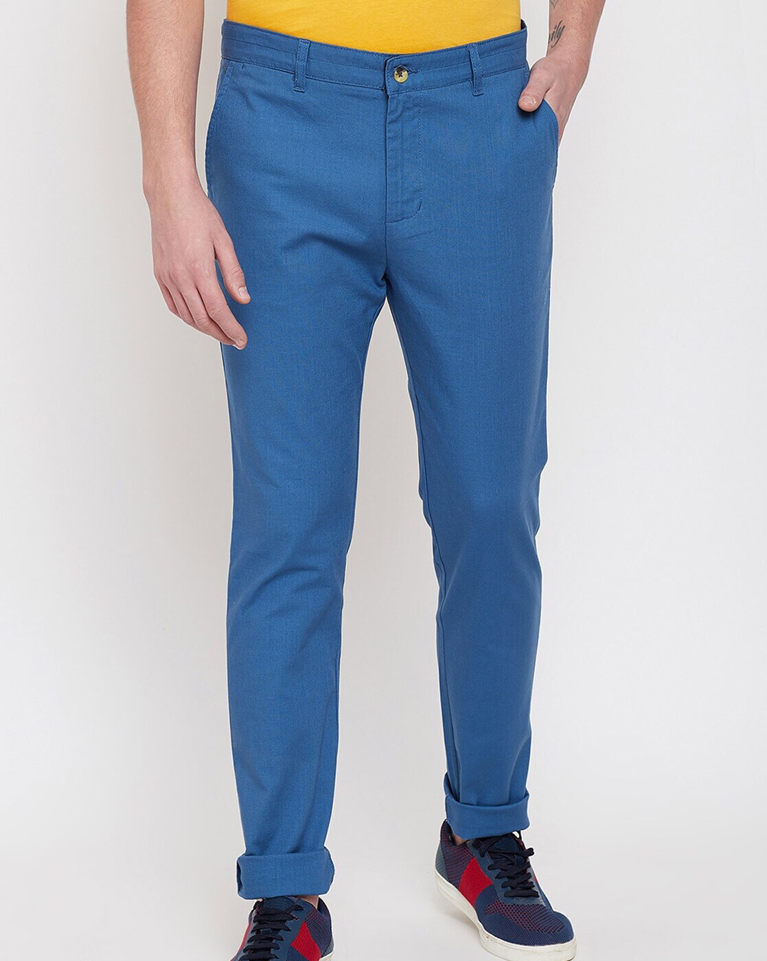 JUMP USA Men Blue Check Slim Fit Cotton Casual Trousers