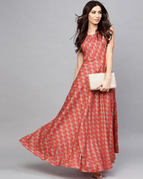 Geometric Print Dress with Strappy Sleeves