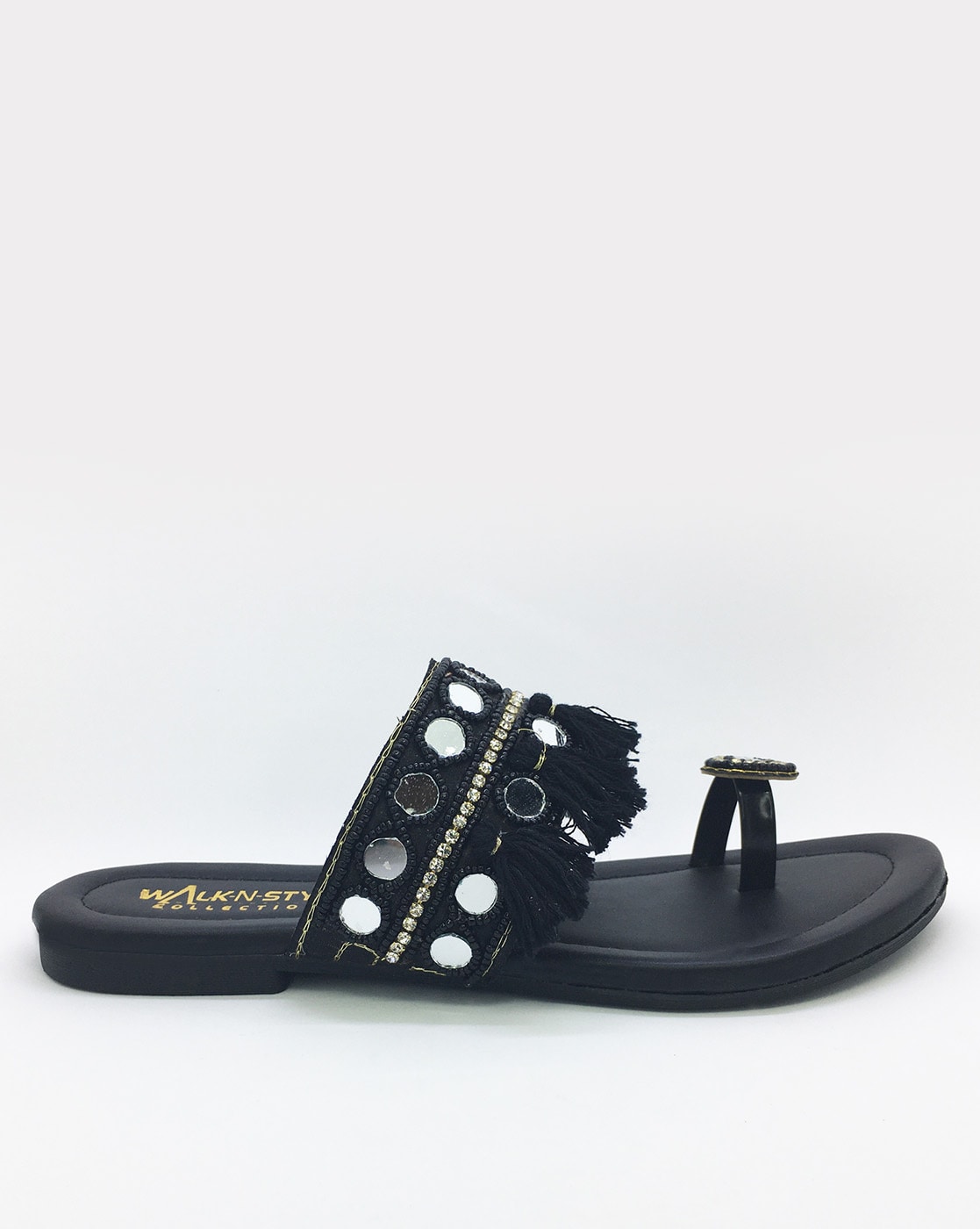 Black Embellished Wrap Around Flat Sandals | SilkFred US