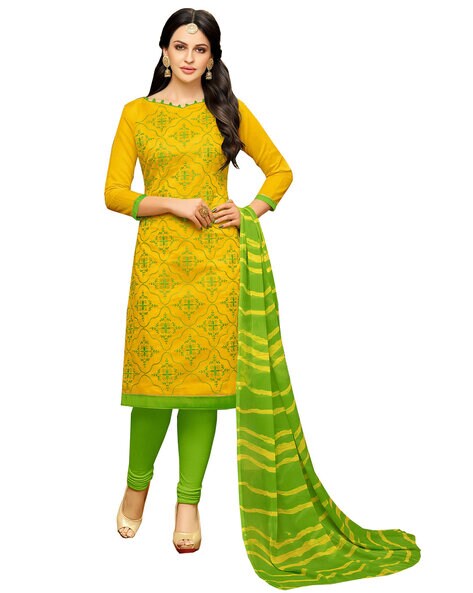 Buy Green Embroidered Work Chanderi Cotton Salwar Suit Online