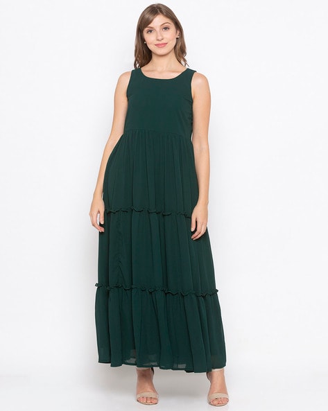 Sleeveless Boat Neck Tiered Dress