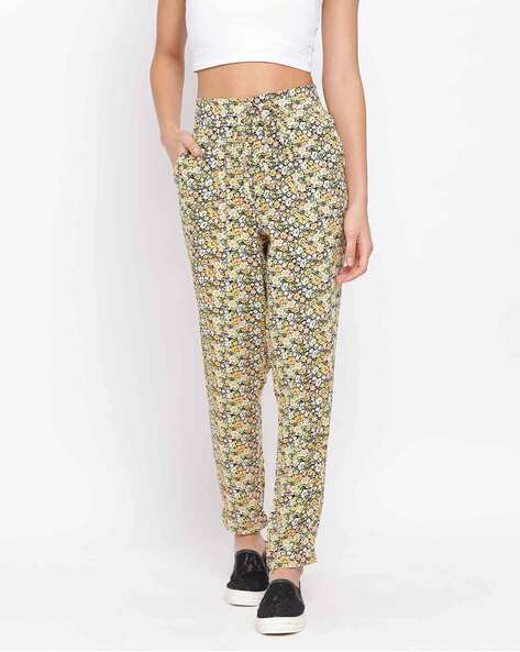 White Floral Print Trousers For Women