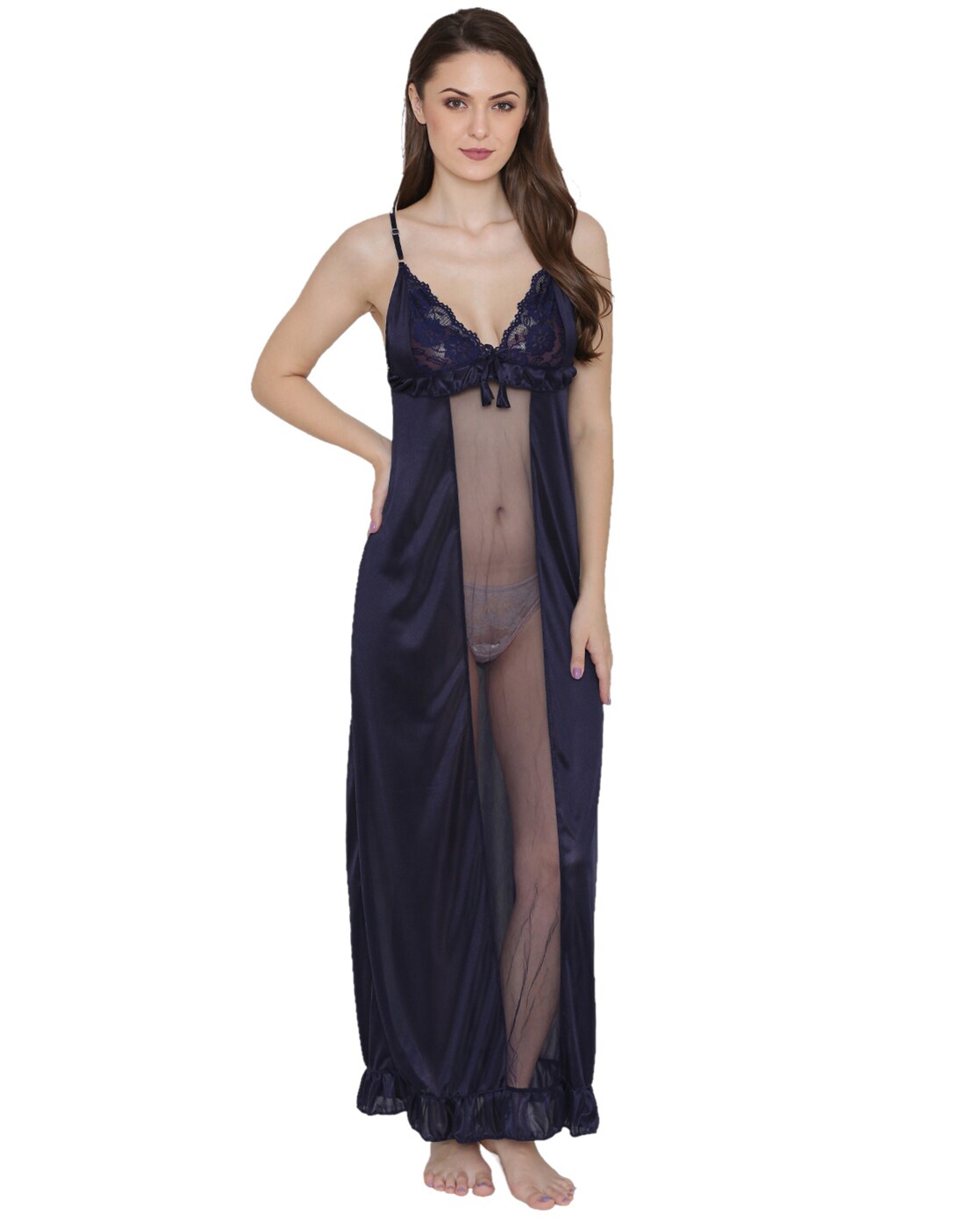 Casual Nights Women's Long Knitted & Lace Henley Nightgown - Blue LA676BL
