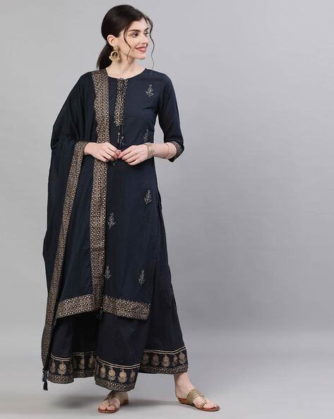 Floral Embroidered Straight Kurta Set with Dupatta