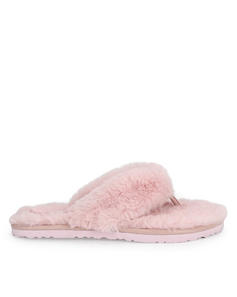 Kulture fluffy printed detail flat online slipper in pink faux fur