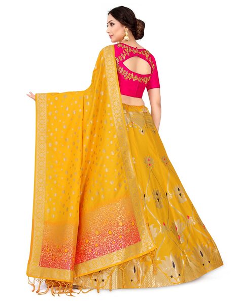 Handwoven Yellow Banarasi Organza Silk Lehenga Set – The Weaves