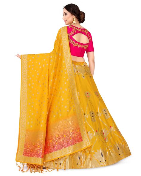 Heavy Work Blouse With Pink N Yellow Lehenga