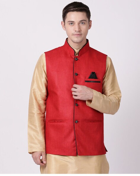 red Modi Jacket Terry Wool Fabric Latest Design - pinkcity Studio - 2994392