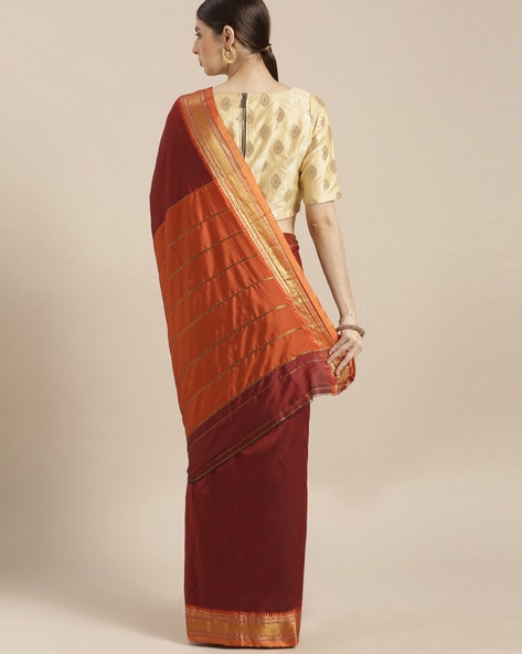 Buy Kshatriya Cloth Stores Woman's Nauvari Saree Or Nine Yards Saree In  Polyester By Cotton Fabric. Light Ivory Cream Colour With Maroon Colour  Checks Design And Border. 9.50 Var Or 8.60 Meters