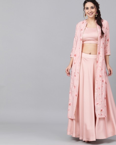 floral long skirt with crop top and jacket