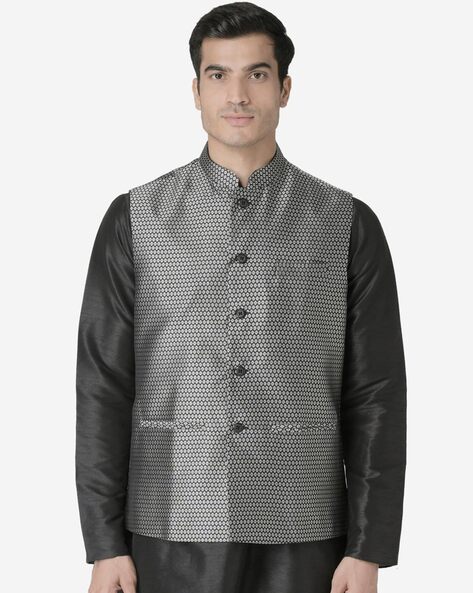 DEYANN Men Turquoise Blue & Silver-Colored Woven Design Nehru Jacket -  Absolutely Desi