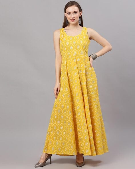 Aks mustard yellow printed maxi clearance dress