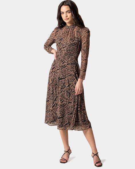 Animal Print A line Dress with Pleats