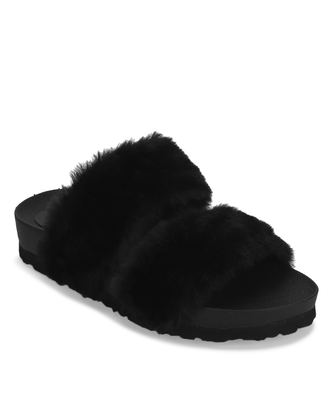 Faux fur slippers on sale black