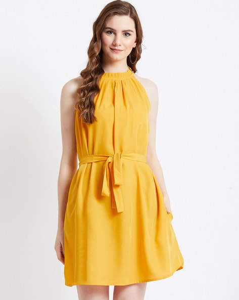 Ruffle-Neck A-line Dress with Tie-Up