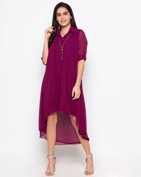 Textured Shirt Dress with Asymmetrical Hemline