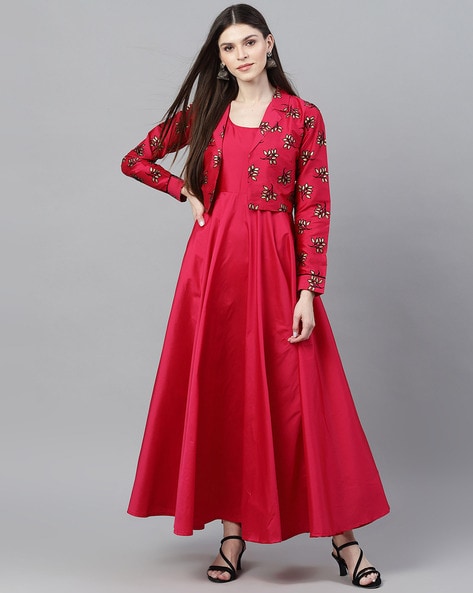 Satin Self Design Aspora Women's White Solid Gown with Printed Jacket, Red  at Rs 1319 in Surat