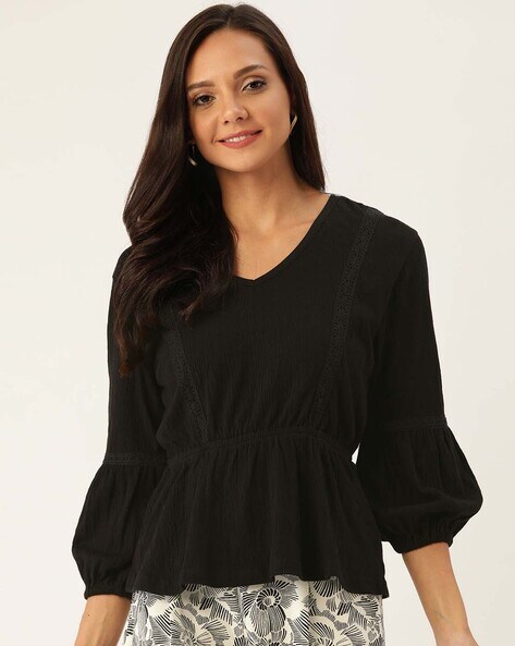 Black Lace Puff Sleeve Peplum Top