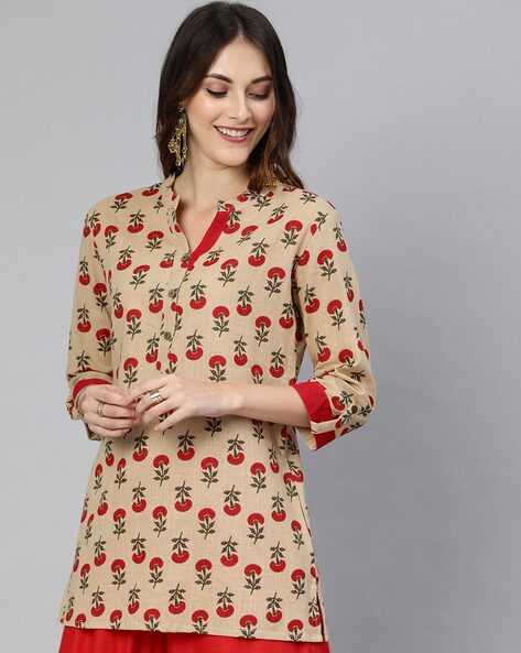 Buy Maroon Straight Cut Kurti In Crepe With V Neckline And Printed Bird And  Floral Motifs Online - Kalki Fashion