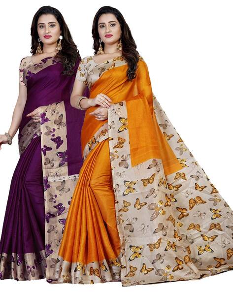 Pack of 2 Traditional Sarees with Contrast Print Border