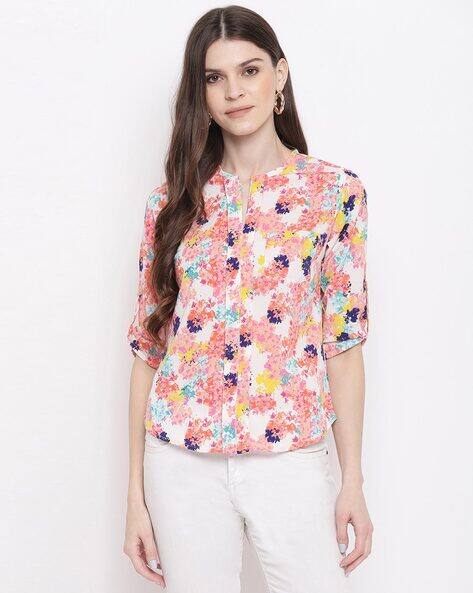 Floral Print Roll-up Sleeves Top