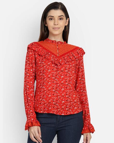 Floral Print High-Neck Top with Ruffles