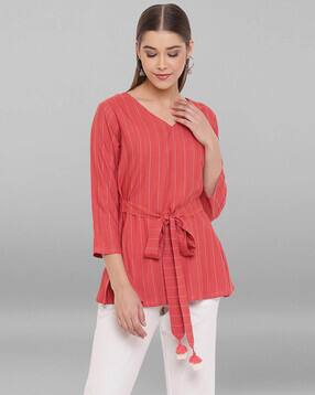 Janasya Striped 3/4th Sleeves Wrap Top