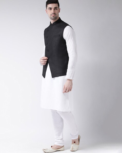 Silk Dupion Kurta Pajama With Jacket In White Black Colour