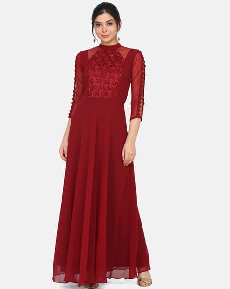 high neck maroon dress