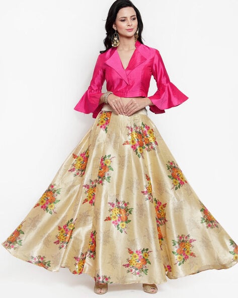 Buy Stunning Blue and Yellow Printed Shirt Lehenga Online in USA – Pure  Elegance