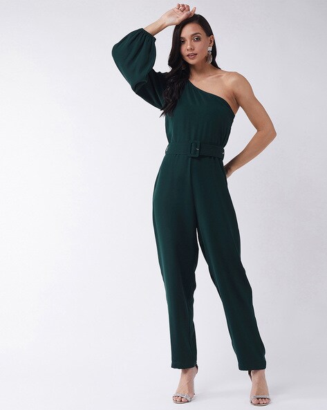 one shoulder green jumpsuit