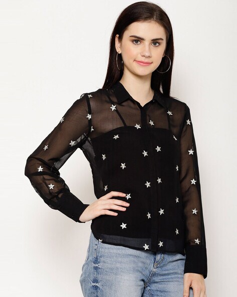 KASSUALLY Women Embellished Casual Black Shirt