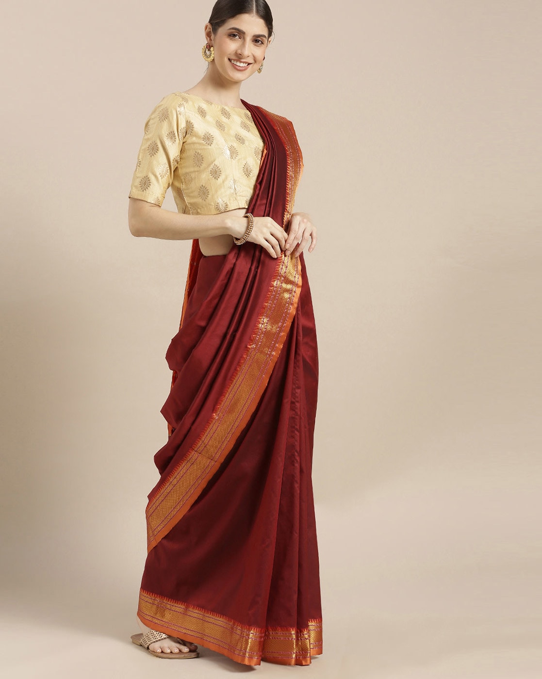 Maroon Plain Art Silk Chanderi Nauvari Saree - KALAPURI - 2693068