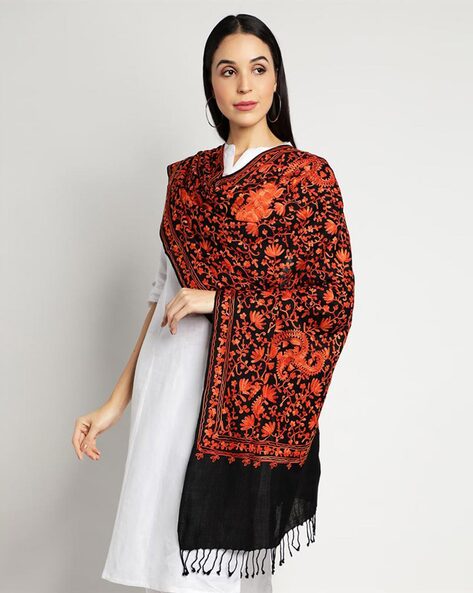 Floral Embroidered Shawl with Tassels Price in India