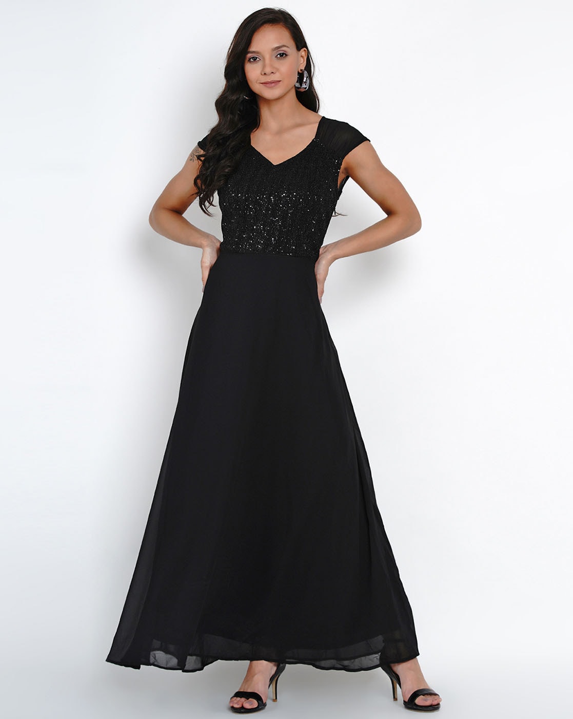 Buy ENTELLUS Womens Black Colour Chiffon Lurex Fabric Sleeveless Gown Dress  (Size - XS to 6XL) (XXXXX-Large) at Amazon.in
