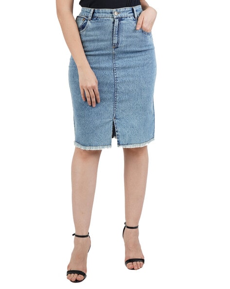 Buy USKEES KAY Mid-length Denim Skirt - Indigo Denim Pencil Skirt with  stretch KAYINDIGO-16 Online at desertcartINDIA