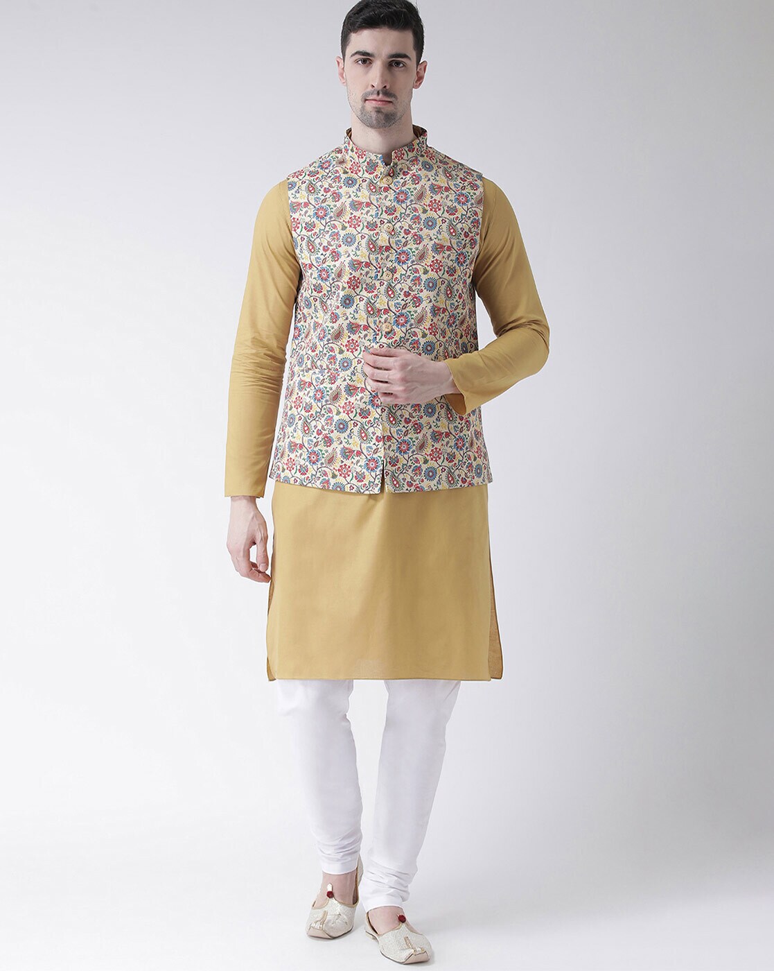 Buy Cream Silk Blend Printed Full Sleeve Kurta with Nehru Jacket (Set Of 2)  Online at Jaypore.com