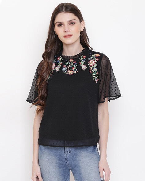 Embroidered Top with Butterfly Sleeves