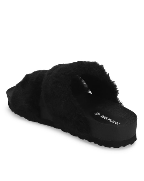 Black discount fluffy slides