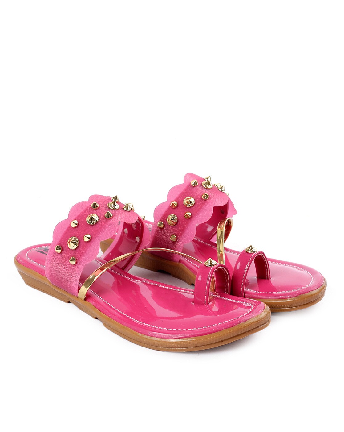 Saint Irene Hot Pink Leather Metal Studded Flat Sandals – SaintG India